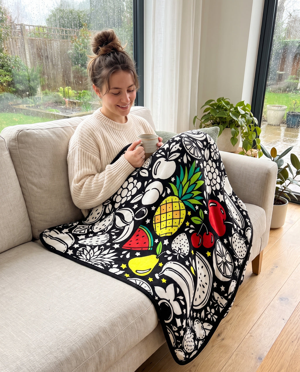 Relax sul divano avvolta nella coperta Frutta colorata