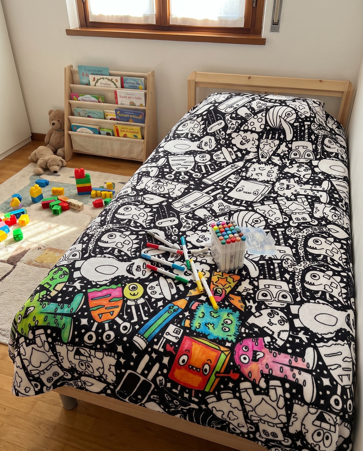Coperta da colorare Monster sul letto della cameretta, in parte colorata